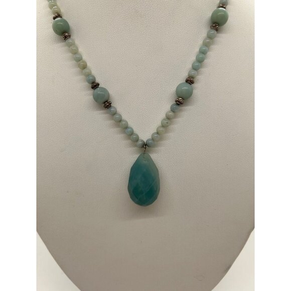 Estate Jewelry - Jadeite Beaded Necklace Pendant Natural Semi-precious Stone Handcrafted 16-inch